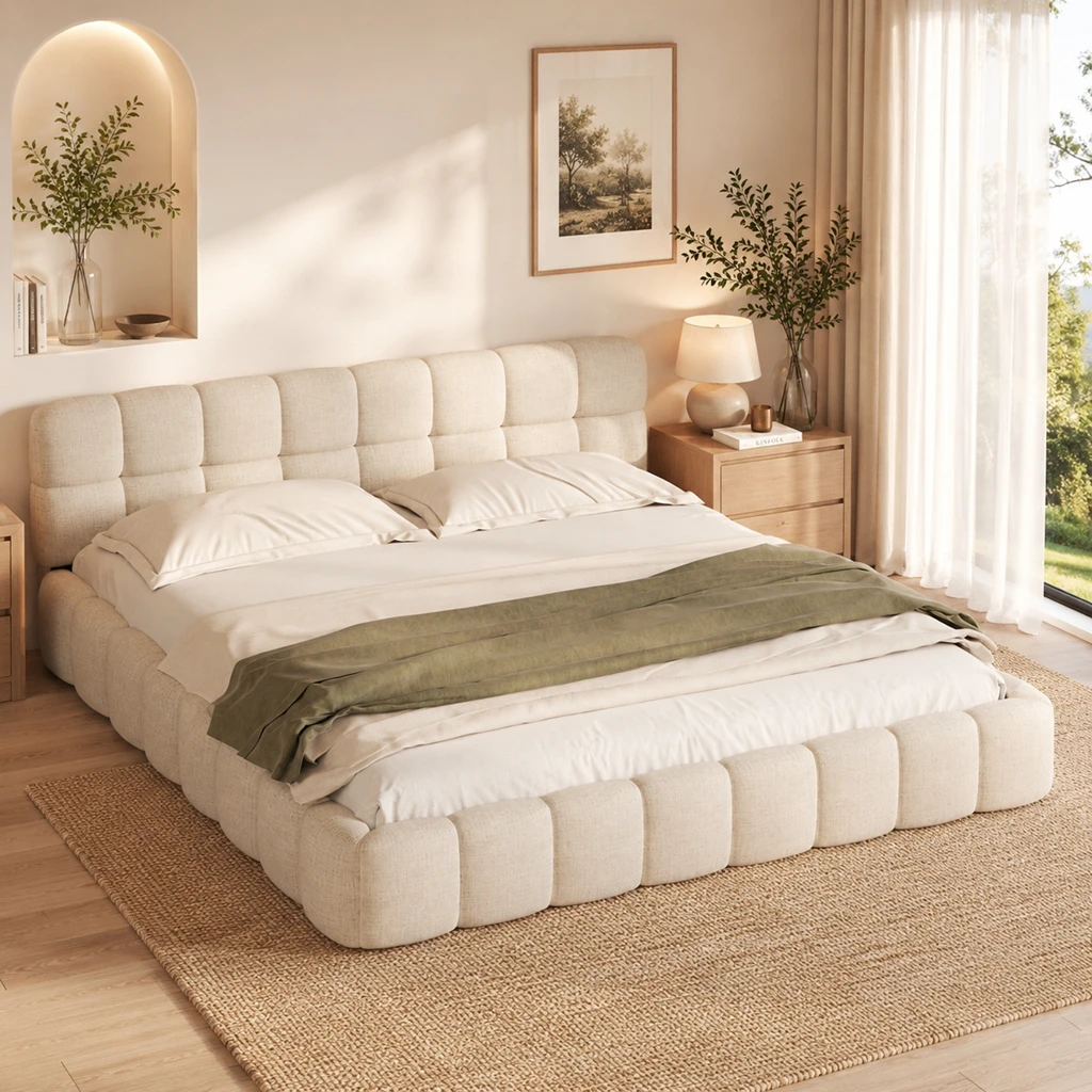Lit rembourré bulles 140x200 cm, lit double avec sommier à lattes et dossier souple, lit pour jeunes, cadre de lit plat, lit enfant/adulte, sans matelas, tissu en lin