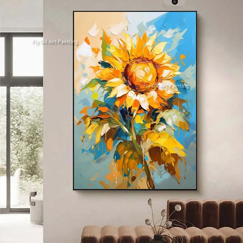 Handmade Abstract Sunflower Oil Painting Palette Knife Bold Thick Texture Bright Yellow Vertical Canvas Wall Art For Room Decor