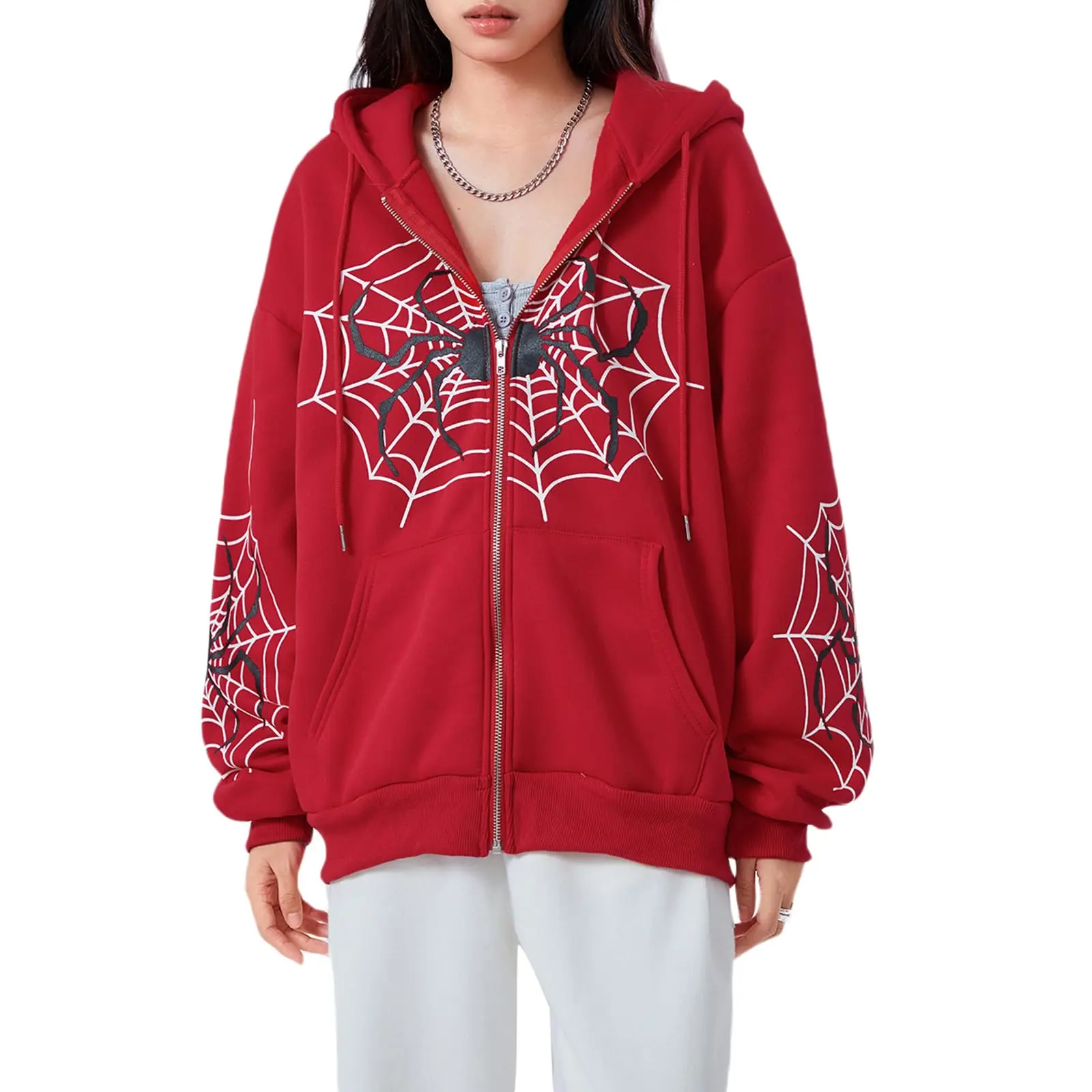 2 Colors Y2K Spider Web Zip Up Hoodie, Men Women Oversized Black & Red Full-Zip Sweatshirt, Harajuku Gothic Streetwear Hooded Jacket, Hip Hop Casual Outerwear