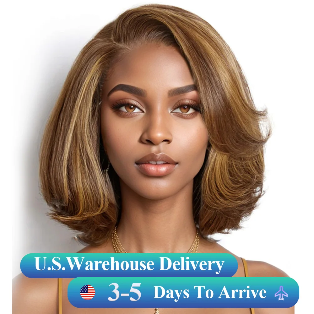 Toffee Brown Mix Blonde Bob Wig Layered Cut 200% Density Glueless Human Hair 5x5 Closure HD Lace Short Bob Wig Cut Side Part