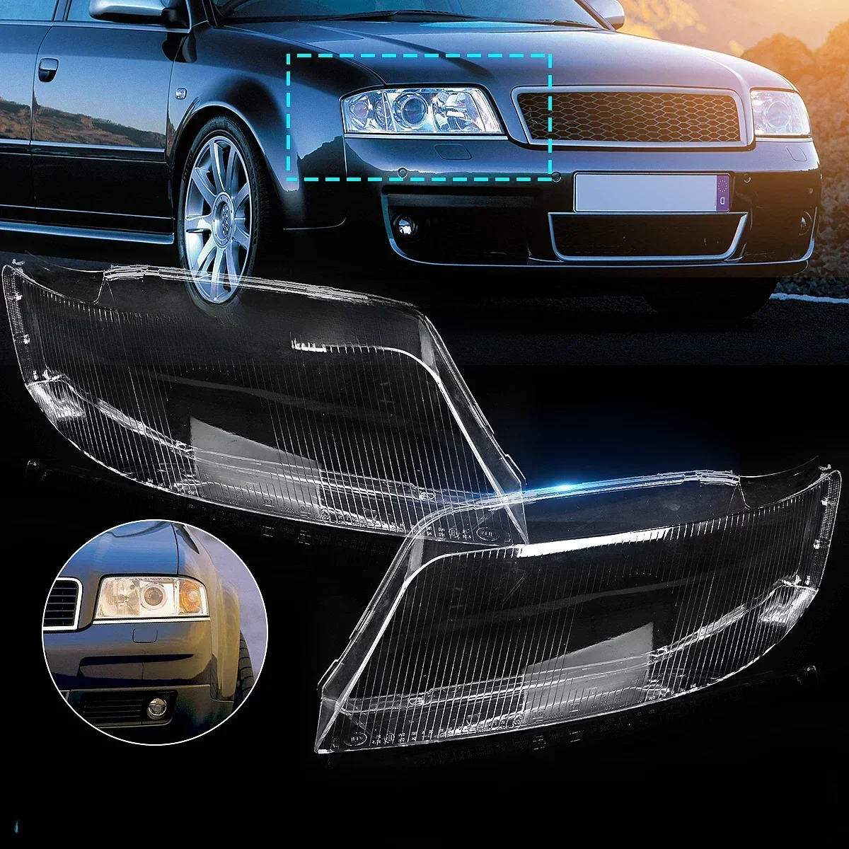 Prawy i lewy reflektor samochodowy szklana soczewka osłona lampy klosz Shell dla Audi A6 C5 1999 2000 2001 2002 osłona reflektora — zdjęcie 2