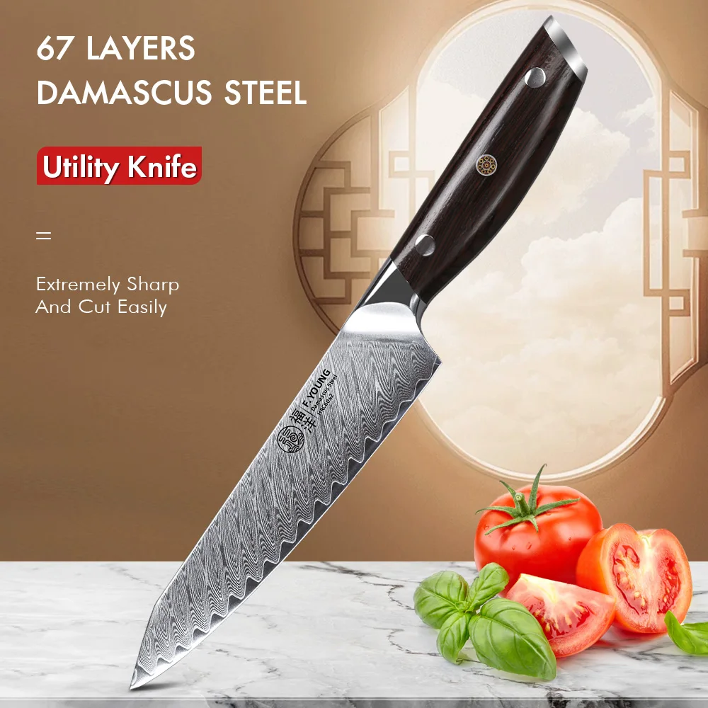 

F.YOUNG 5" Utility Knife 67 Layer Damascus Steel Chef Knife Fruit Peeling Paring Vegetable Meat Multifunctional Kitchen Tools