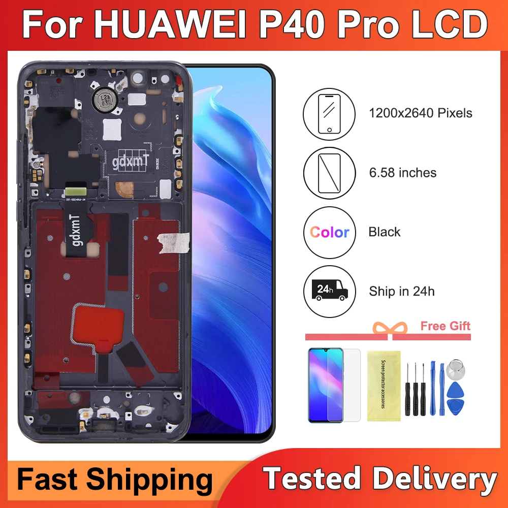 100% Tested Display For Huawei P40 Pro LCD Display Touch Screen For Huawei P40 Pro ELS-NX9, ELS-N04, ELS-AN00 Display With Frame