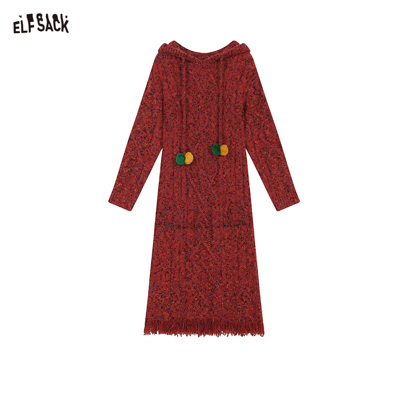 ELFSACK 2024 Winter New Arrivals Hooded pompom drawstring knitted red colorful dots long-sleeve long dress for women Christmas o