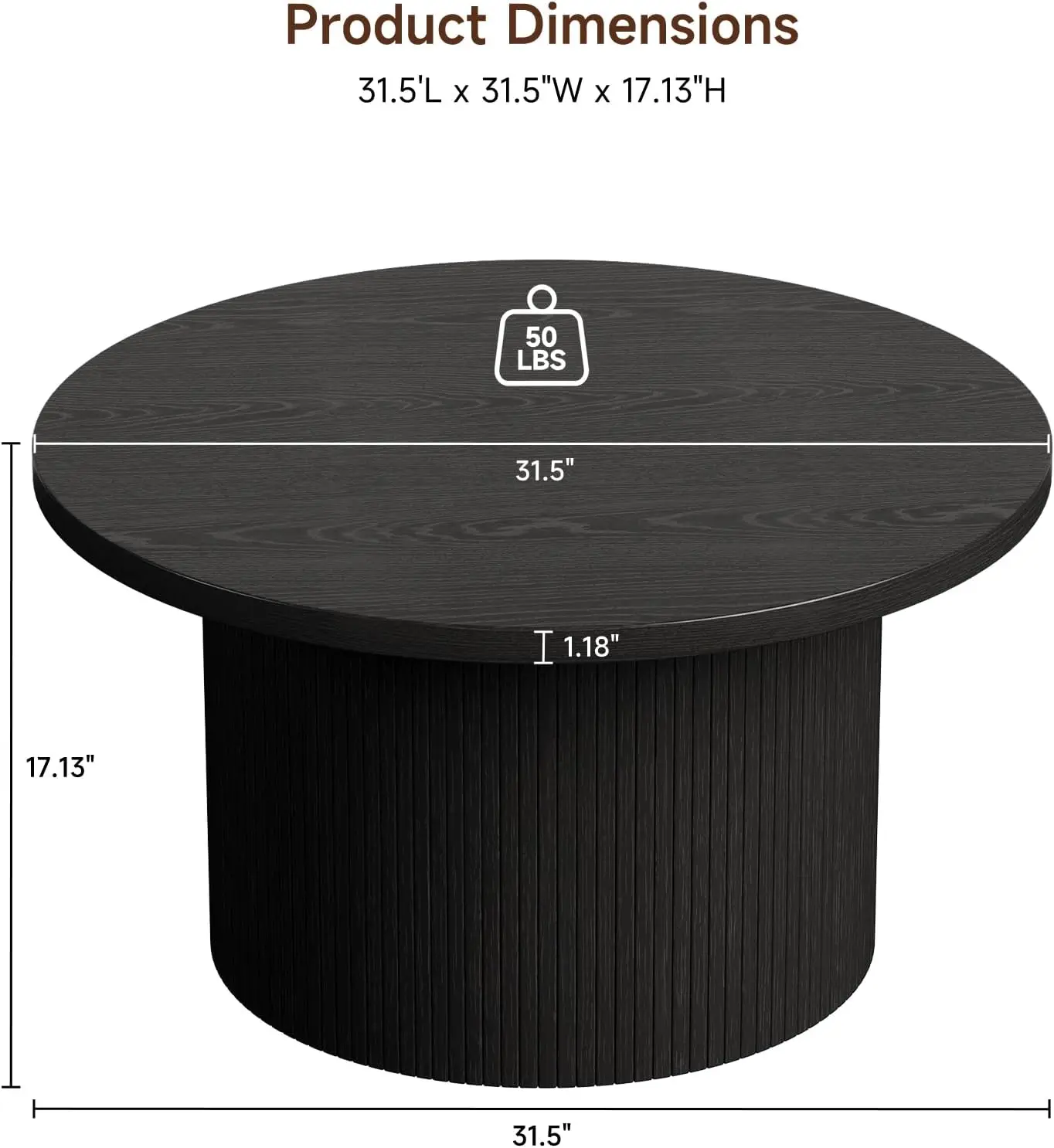 31.5" Modern Round Coffee Table Mid Century, Fluted Tambour Drum Design Engineered Wood Small Center Table for Living Room, Black
