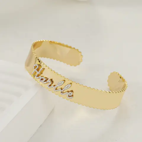 Personalized Cuff Bangles For Women Wave Edge Bracelet Custom Diamond Name Bracelet Open Stainless Steel Bracelets Gift For Her
