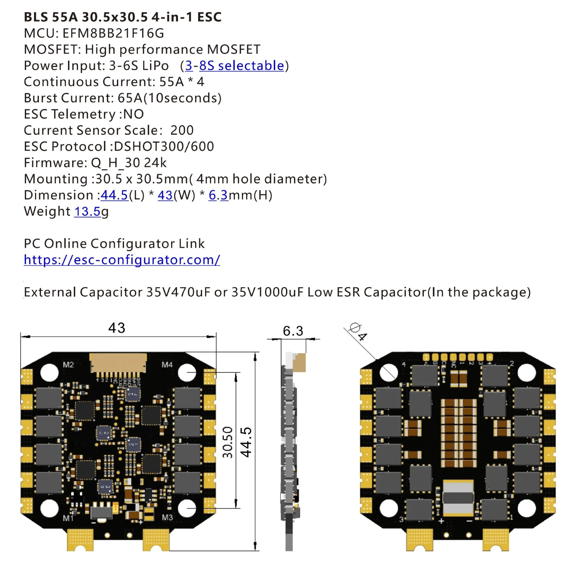 Fotografia 3: ESC BLS 55A 30.5x30.5 4-em-1, MOSFET EFM8BB21F16, LiPo 3-8S, DSHOT300/600, Ultraleve 13.5g para Peças FPV