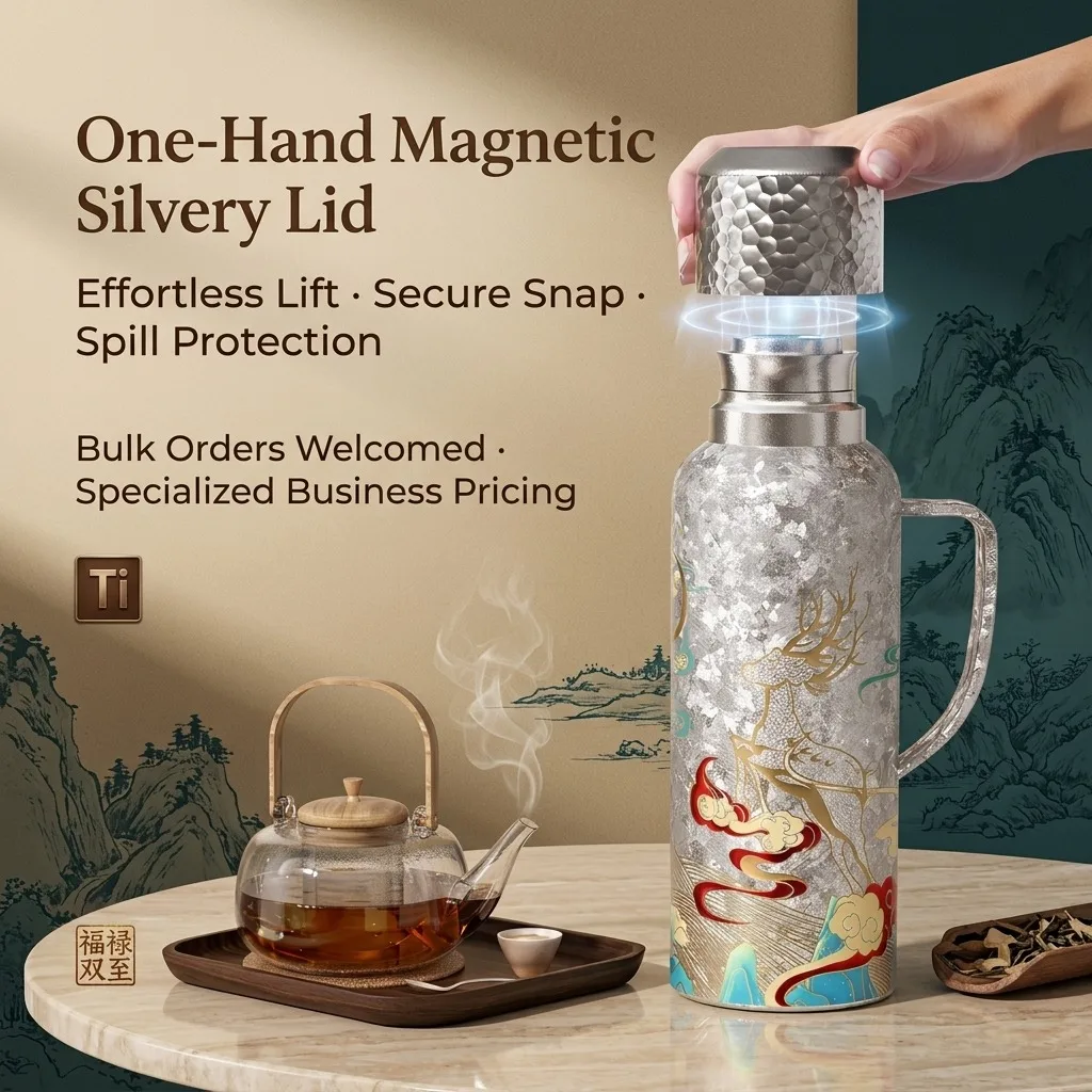 Taience Titanium Water Bottle Insulated Thermos with Mechanical Thermometer Magnetic Lid Tea Infuser Antibacterial Gift