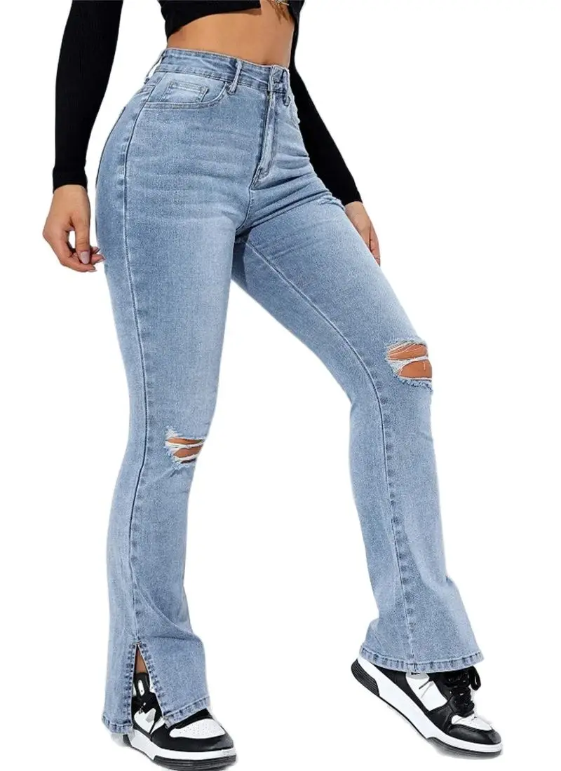2023 Zimowe nowe damskie jeansy z wysokim stanem i rozciętymi nogawkami Moda Slim Fit Stretch Denim Proste nogawki Casualowe spodnie S-2XL