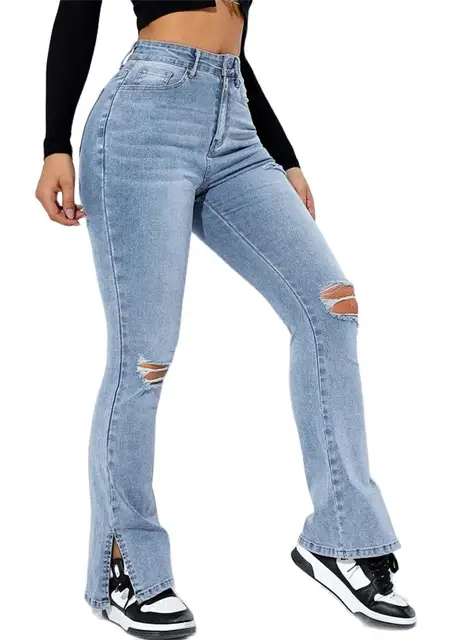 2023 Zimowe nowe damskie jeansy z wysokim stanem i rozciętymi nogawkami Moda Slim Fit Stretch Denim Proste nogawki Casualowe spodnie S-2XL