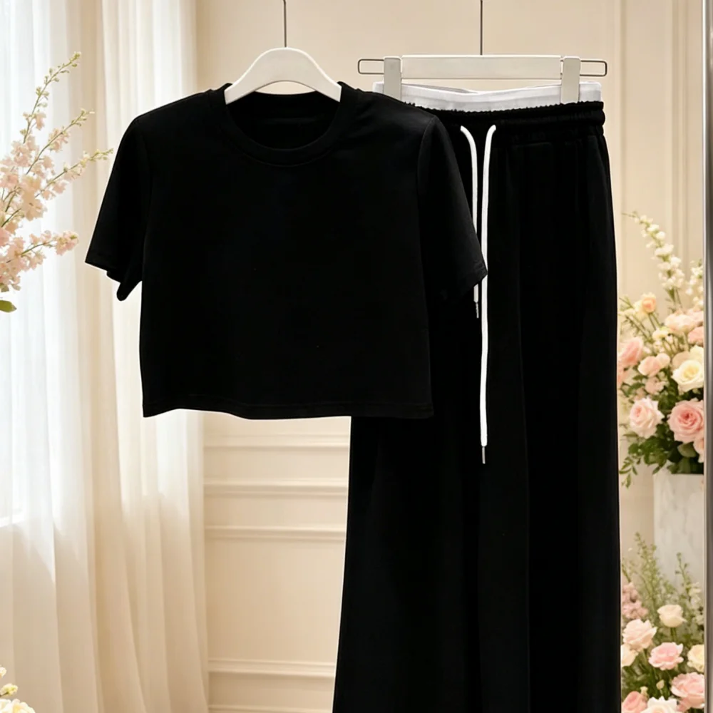 

2026 Women's Black 2 Piece Set Casual Crop Top T-shirt Wide Leg Pants Co Ord Set Summer Loungewear Outfit 064