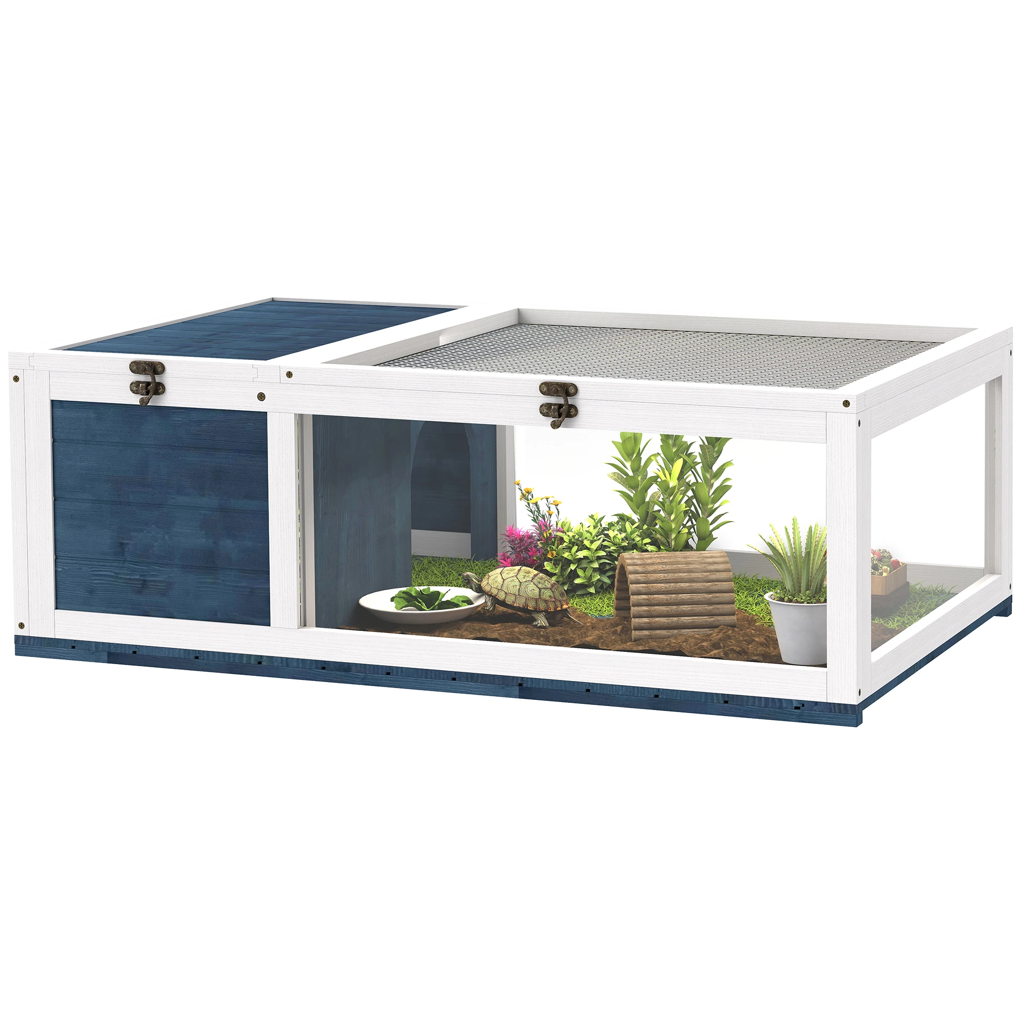 PawHut Maison pour tortues de terre avec espace modulable - habitat 2 zones, toit ouvrable - enclos et cage en bois intérieur ex