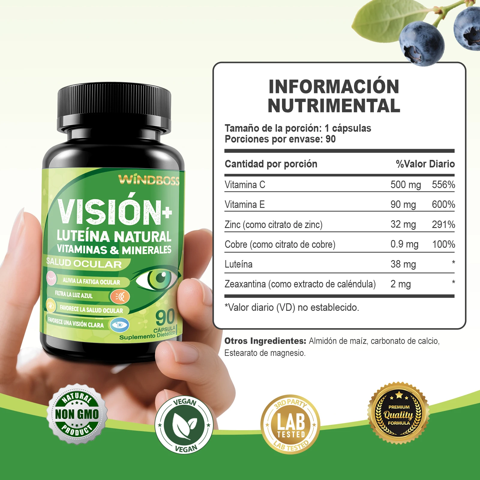 العناية بالرؤية Windboss مع Lutein وZeaxanthin والزنك والفيتامينات C وE - حماية لصحة العين والبقعة - 90 كبسولة