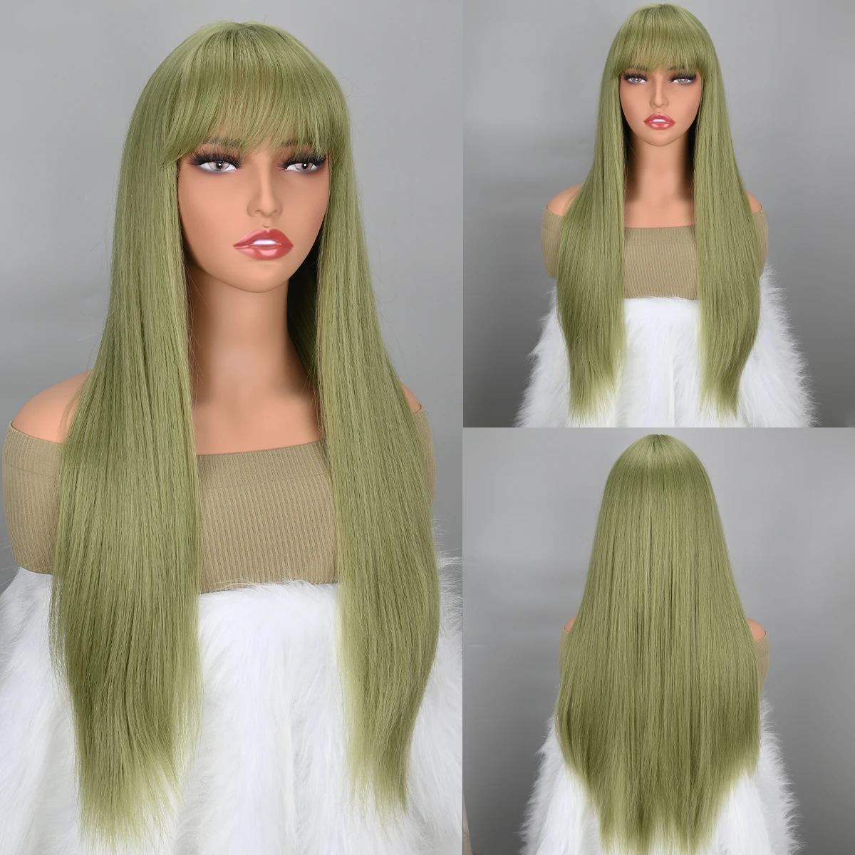 Long green Wig with Bangs Straight green Wigs for Women Cosplay Long Synthetic green Wig Natural Looking for Daily Wear