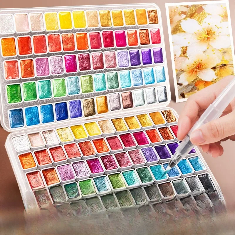 Zestaw Farb Akwarelowych Perłowych w Kostkach 12/20/24/60 Kolorów Acuarelas Pigment Glitter Farby Akwarelowe Przybory Szkolne dla Artystów — zdjęcie 2