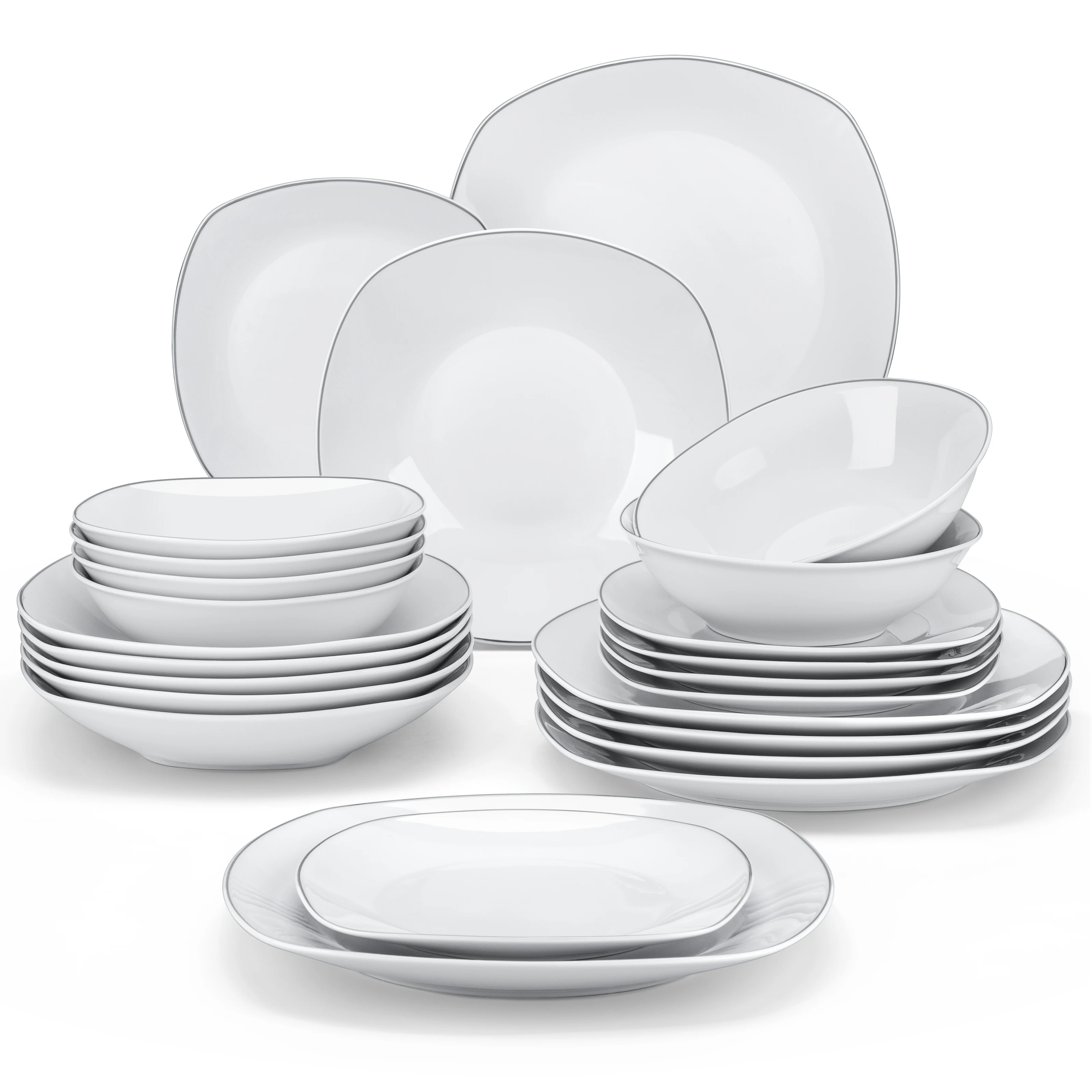MALACASA 24/48-teiliges weißes Porzellan-Geschirrset mit silbernem Rand, Tafelservice mit 6-teiligem Set aus Speisetellern/Desserttellern/Suppenschalen/Müslischalen