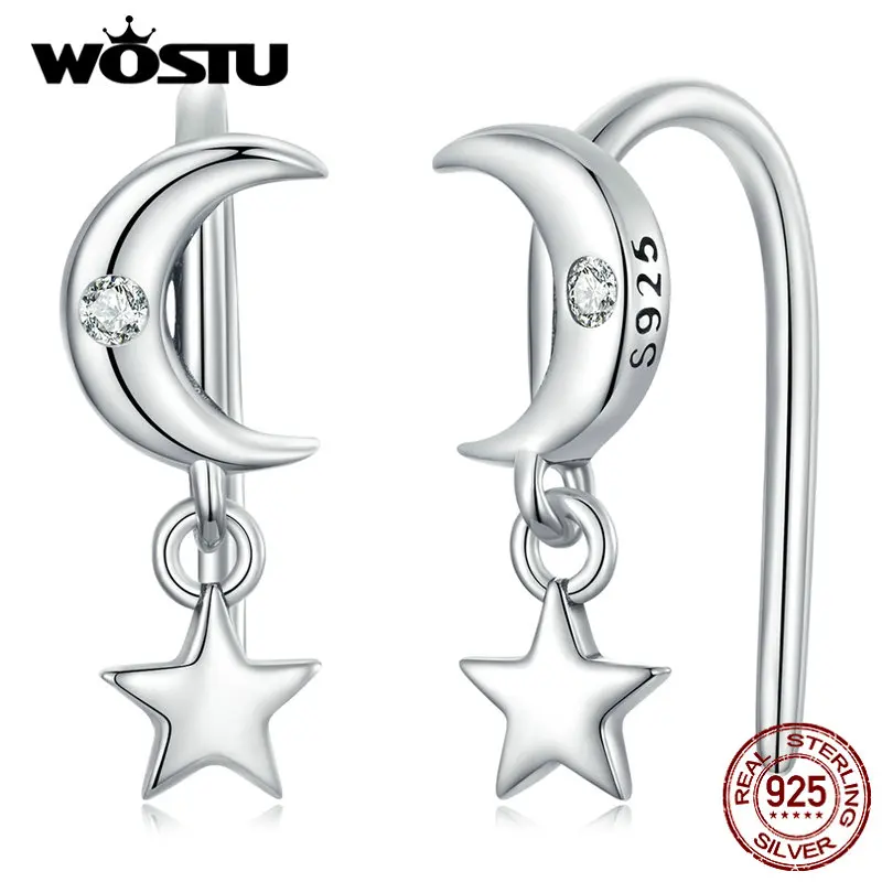 WOSTU 925 Sterling Silver Star&Moon Hanging Drop Earrings Curved Zircon Dangle Ear Clip for Wowem Gift Fashion Fine Jewelry