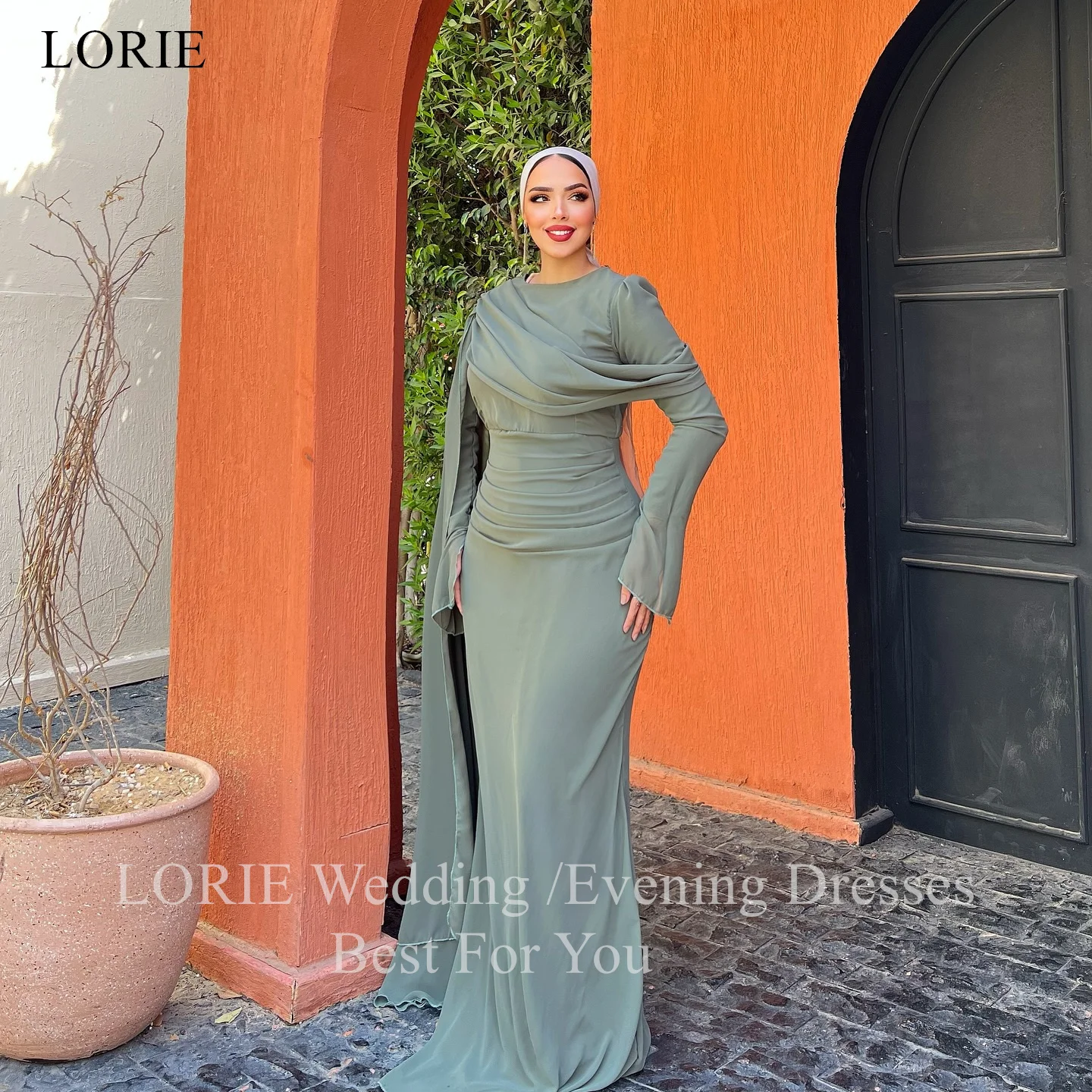 

LORIE Elegant Chiffon Maxi Evening Dress Green Full Sleeves Draped Saudi Arabic Formal Long-Length Prom Gowns Customized
