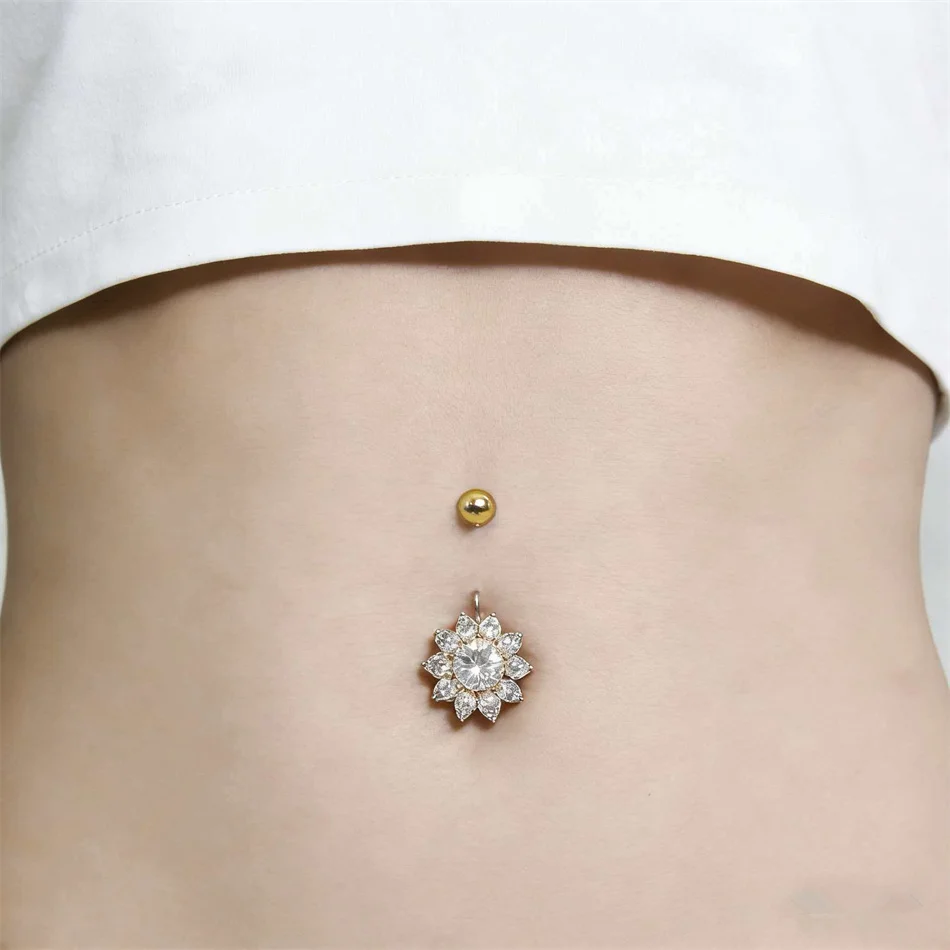Piercings Pequeños de Girasol para Ombligo de Mujer, Joyería de Zirconia Cúbica para Ombligo, Barra de Titanio 14G F136, Accesorios de Verano