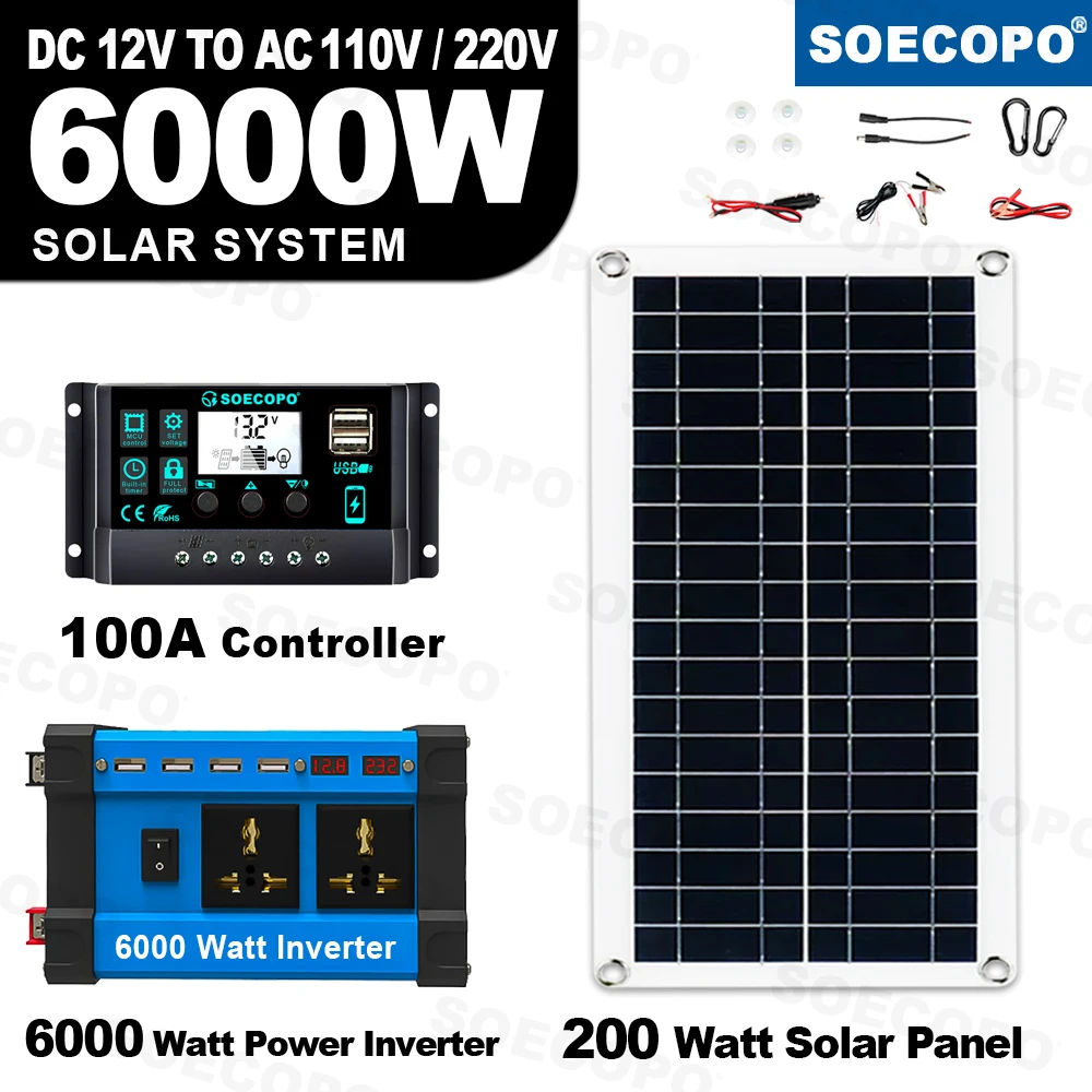 

6000W Solar Power Supply 800W Panel 100A Controller 12V DC to AC 110V/220V Alligator Clips Cigarette Lighter for Car Boat CE FCC