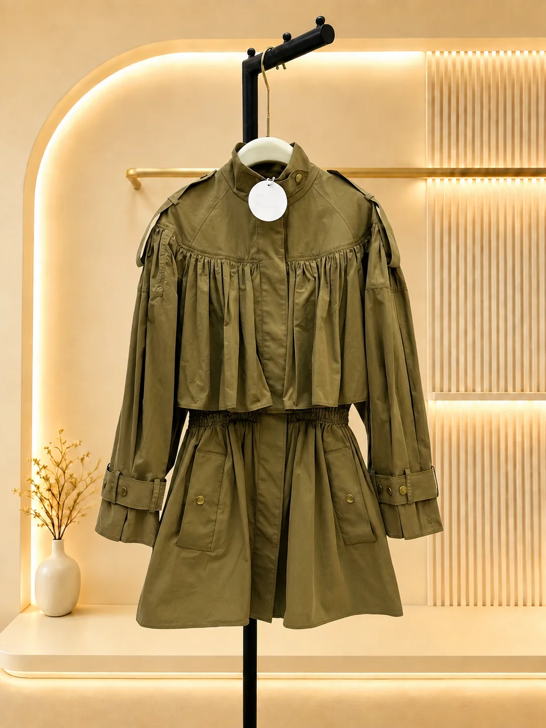 2026 Women Trench Coat Stand Collar Elastic Waist Plain Woven Trench Fabric Ruffled Patch Pocket Casual Outerwear