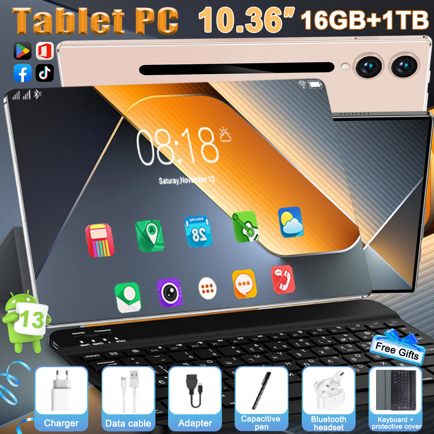 Nueva Tablet de Gama Alta de 10.36 Pulgadas con Android 13 y Chip de 14 Núcleos, Actualización para Menor Generación de Calor, Amplio Almacenamiento de 16Gb+1Tb, Batería de 20000Mah con Larga Duración
