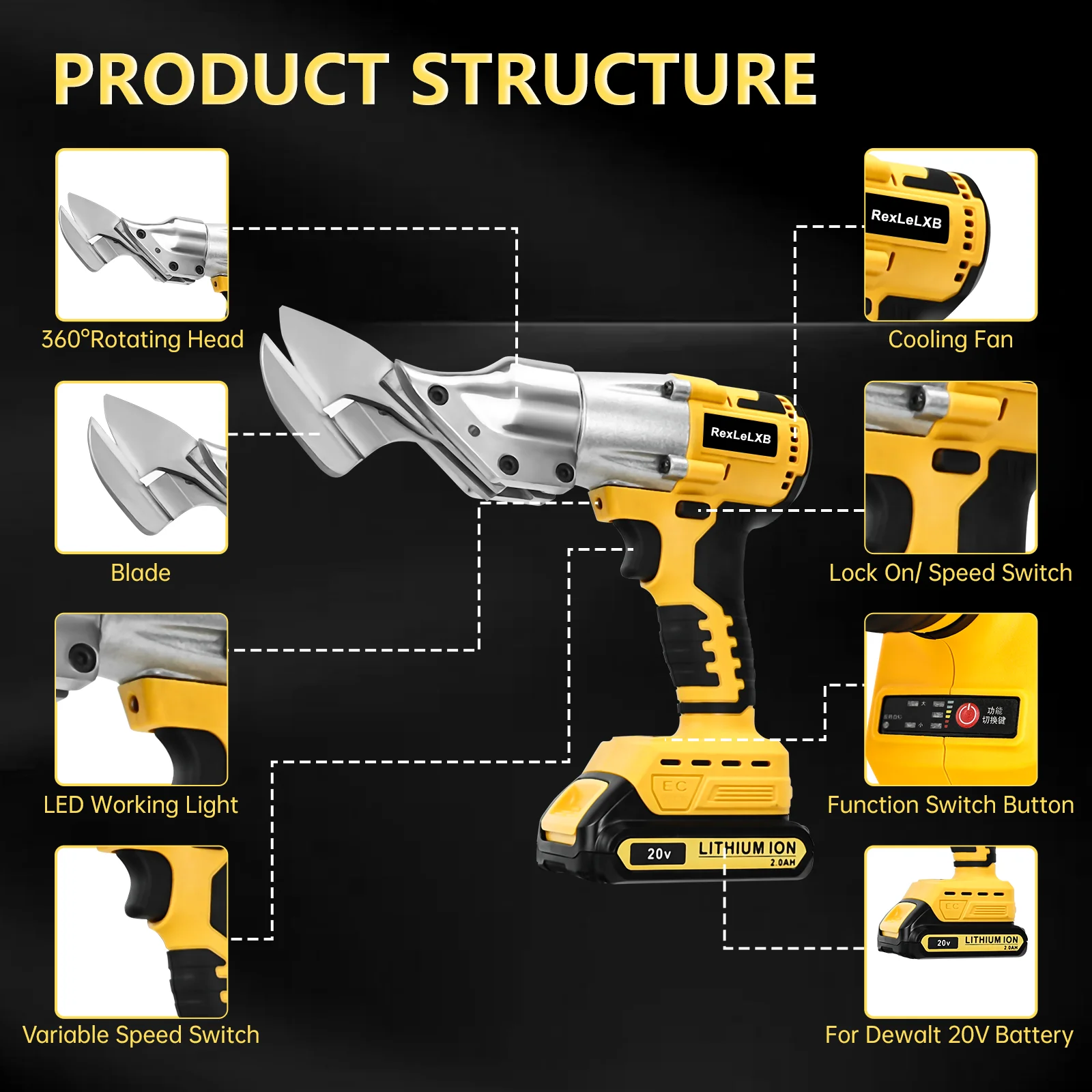 Imagem -03 - Brushless Cordless Ferro Tesoura para Dewalt Elétrica Sheet Metal Shears Aço Carbono Cortador 20v Bateria 18000rpm sem Bateria