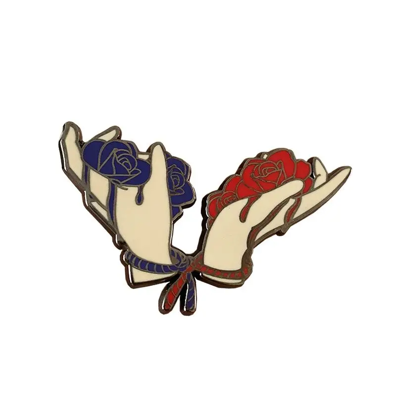 Customize Beautiful Blue Flower And Red Flower Hand Cool Lovers Lapel Pin Wholesale Manufacturer Black Nickel Hard Enamel Badge