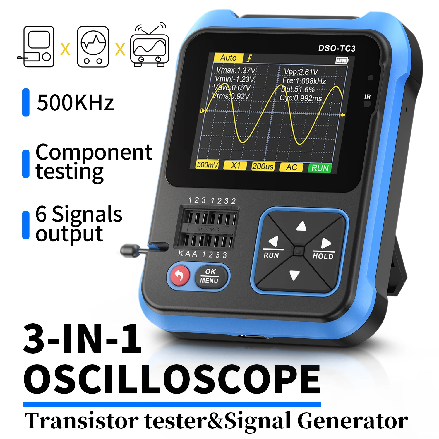 FNIRSI DSO-TC3 Digital Oscilloscope 10MS/s Sampling Rate 500kHz Bandwidth Diode PWM Out Transistor LCR Test Signal Generator