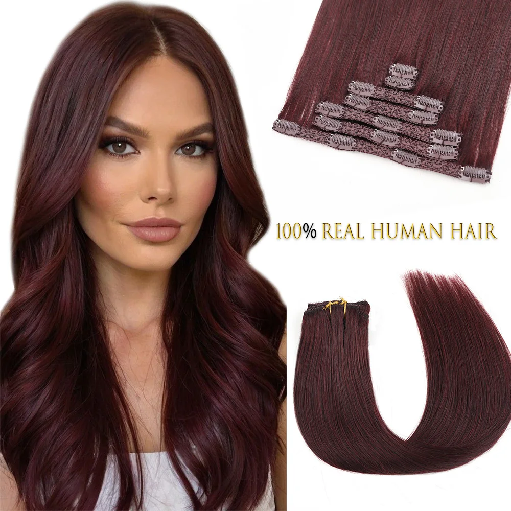 12-18 Inch Clip In Hair Extensions Real Human Hair 7pcs Human Hair Extension Clip Ins Burgundy Wine Red Long Full Head For Women