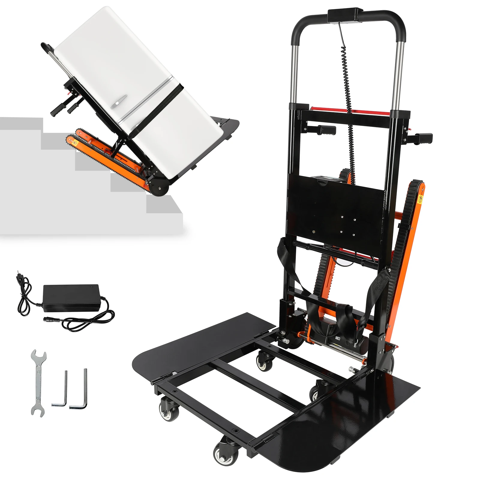 Electric Stair Climbing Dolly with Removable Extension Tray, Powered Electric Stair Climbing Hand Trucks, 440lb Capacity Heavy Duty Folding Stair Climber Takes 1500 Steps Stairs with Rubber Tracks