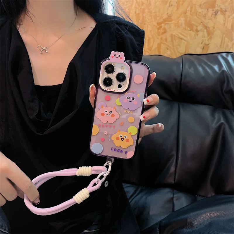 Korean cute little monster cartoon for iPhone13 14 15Promax anti-fall strap lashing all-pack Kawaii girl phone case