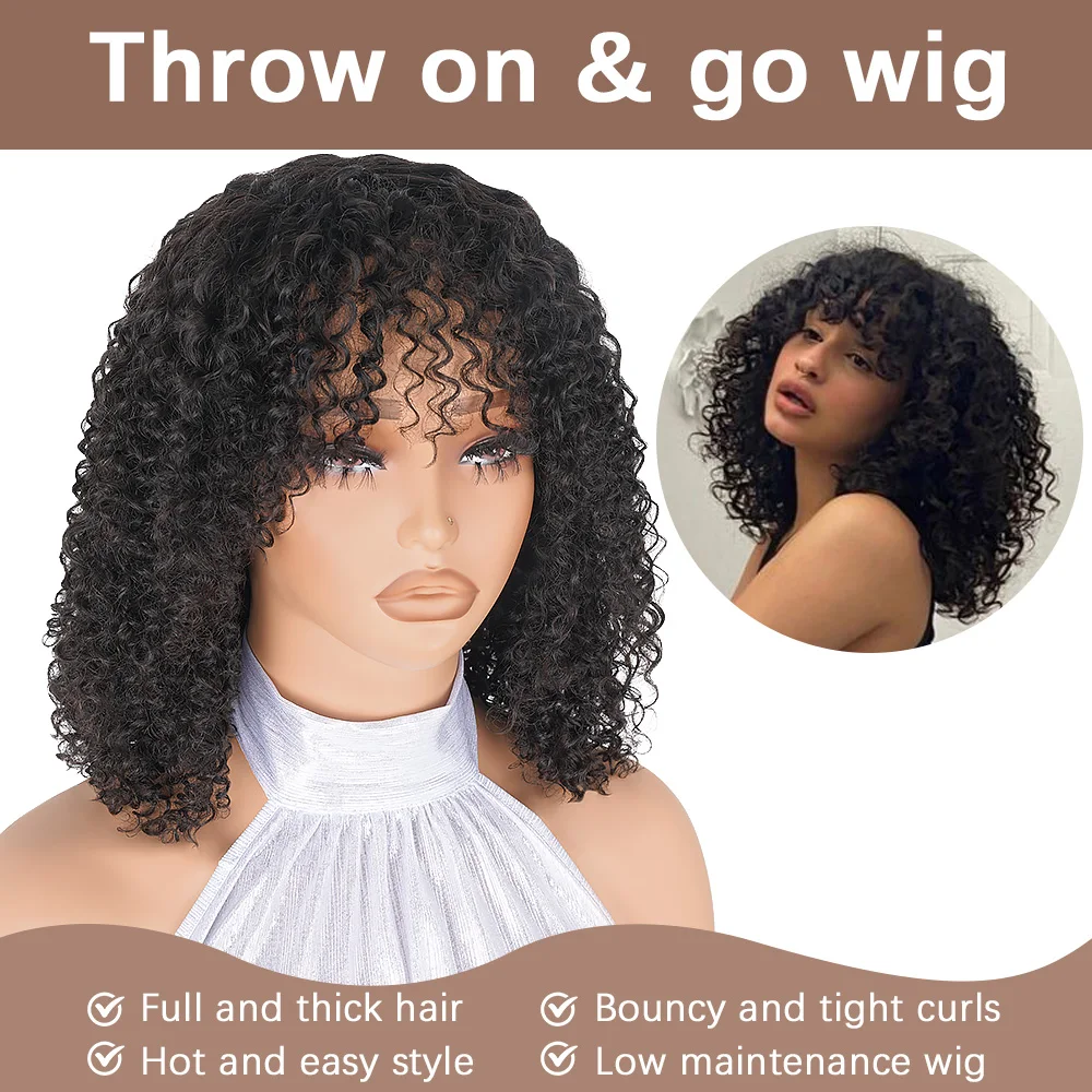 Short Bob Curly Human Hair Wigs with Bangs Natrual Black Glueless Brazilian Human Hair Kinky Curly Fringe Wigs for Black Women image 3