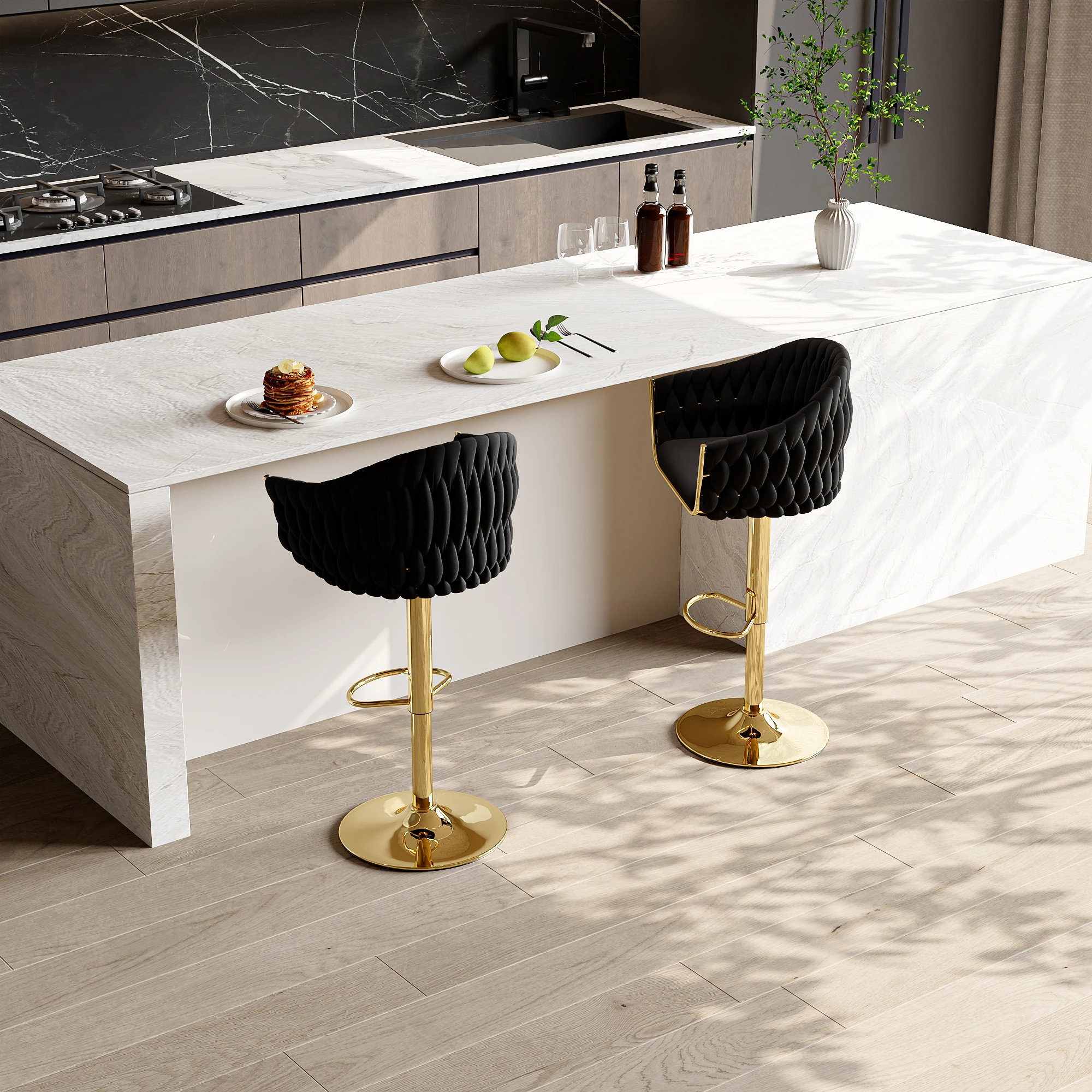 Taburete de Bar pequeño con respaldo, taburete de Bar ajustable en altura de 2 piezas, de terciopelo y Metal, Juego de 2 piezas