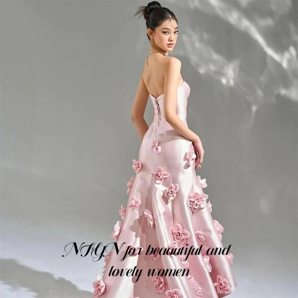 

NFYN Mermaid Pink Stain Prom Dress Sweetheart Party Dresses Sleeveless Celebrity Gowns 3D Flowers Wedding Party Dress Customized