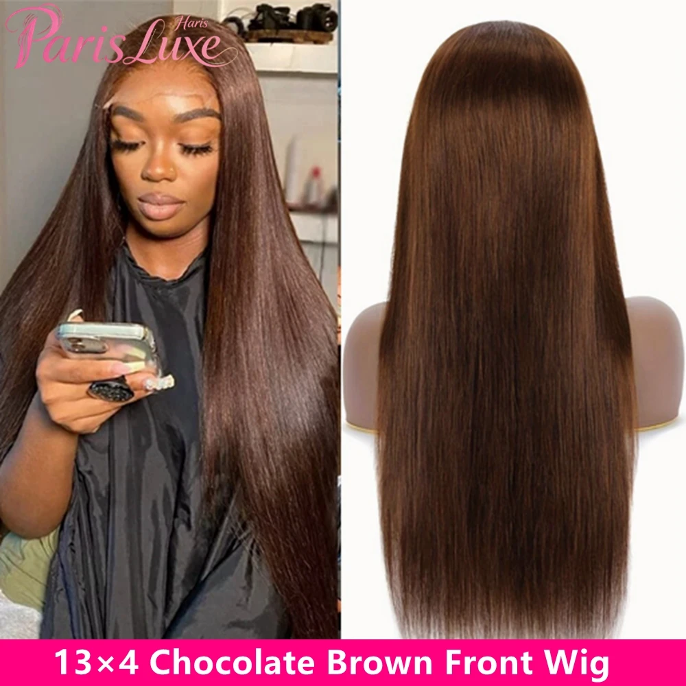 Parrucche con frontale in pizzo marrone cioccolato da 26-32 pollici, pre-pizzicate, marrone scuro, liscio come un osso, pizzo trasparente HD 13X4 # 4 Parrucche in Capelli Umani Densità 200% Aspetto