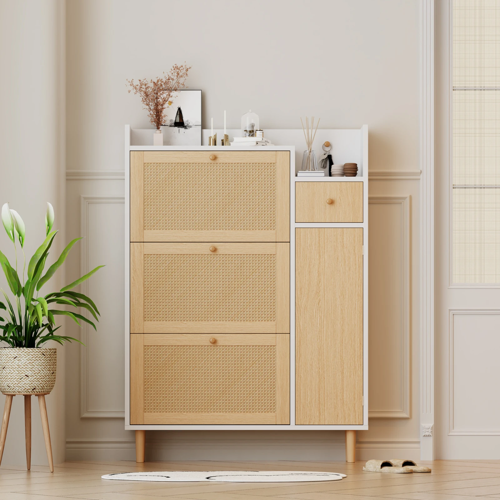 Comanlai scarpiera in legno rattan 90x125x17 cm, per ingressi stretti, con 3 ante e 1 cassetto, gambe e maniglie in legno massello