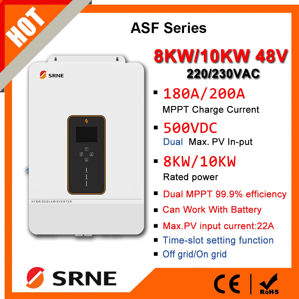 SRNE 8/10KW On-grid/Off-grid Inverter Dual MPPT Max PV 500V 48V To 230VAC Hybrid Solar Inverter Time-slot Setting Function