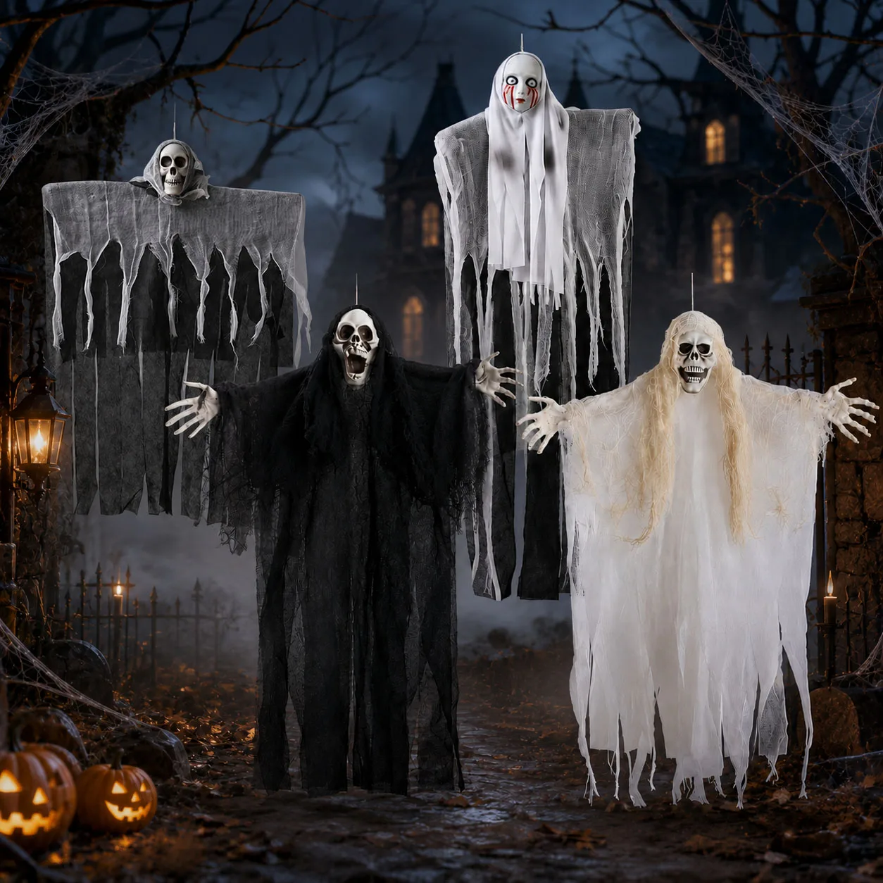 Halloween Hängendes Skelett-Geister-Dekor Schwarz-Weißer Gaze-Schädel-Geist-Ornament für Spukhaus, Garten, Tür, Fenster, Horror-Party-Requisiten