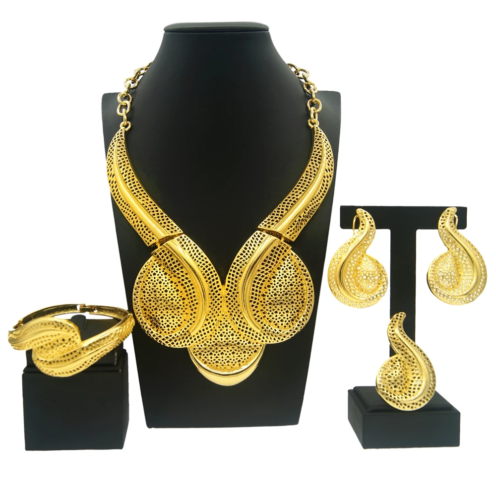 Stylish Italian Women Jewelry Set Large Necklace Gold Plated Original Gold Color Luxury Dubai Wedding Jewelry Gift