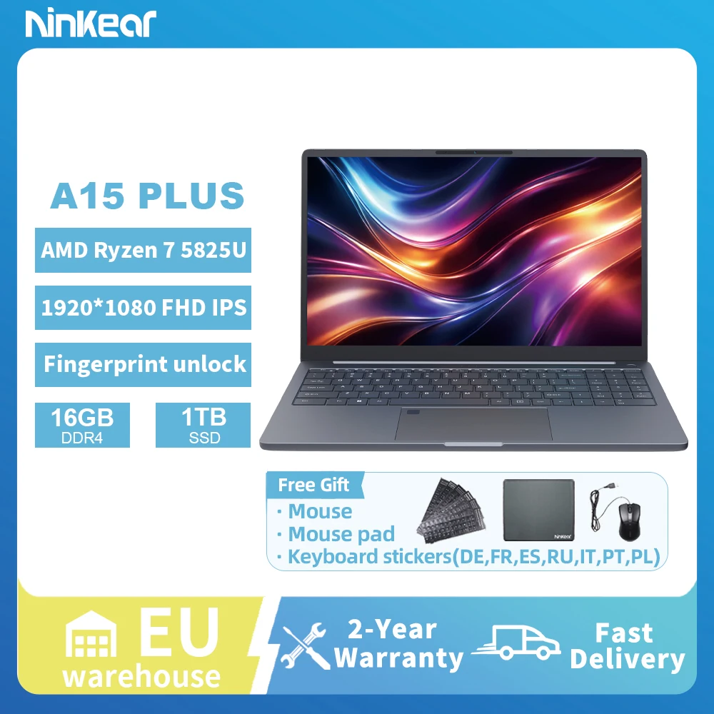 Ninkear A15 plus 15,6 inch FHD IPS scherm laptop AMD Ryzen 7 5825U 16GB DDR4 1TB SSD WiFi 6 Windows 11 Pro Office Notebook