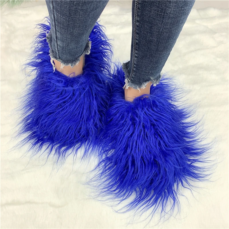 Luxury Fur Slippers Women Round Toe Mongolian Fur Slides Woman Shoes Women Flat Half Slippers