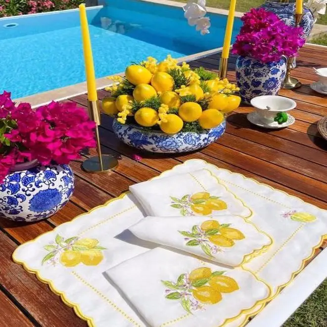 Luxury Lemon Embroidered Linen Placemats 8 People Set wedding decoration dining tables table cover kitchen decor coffee table