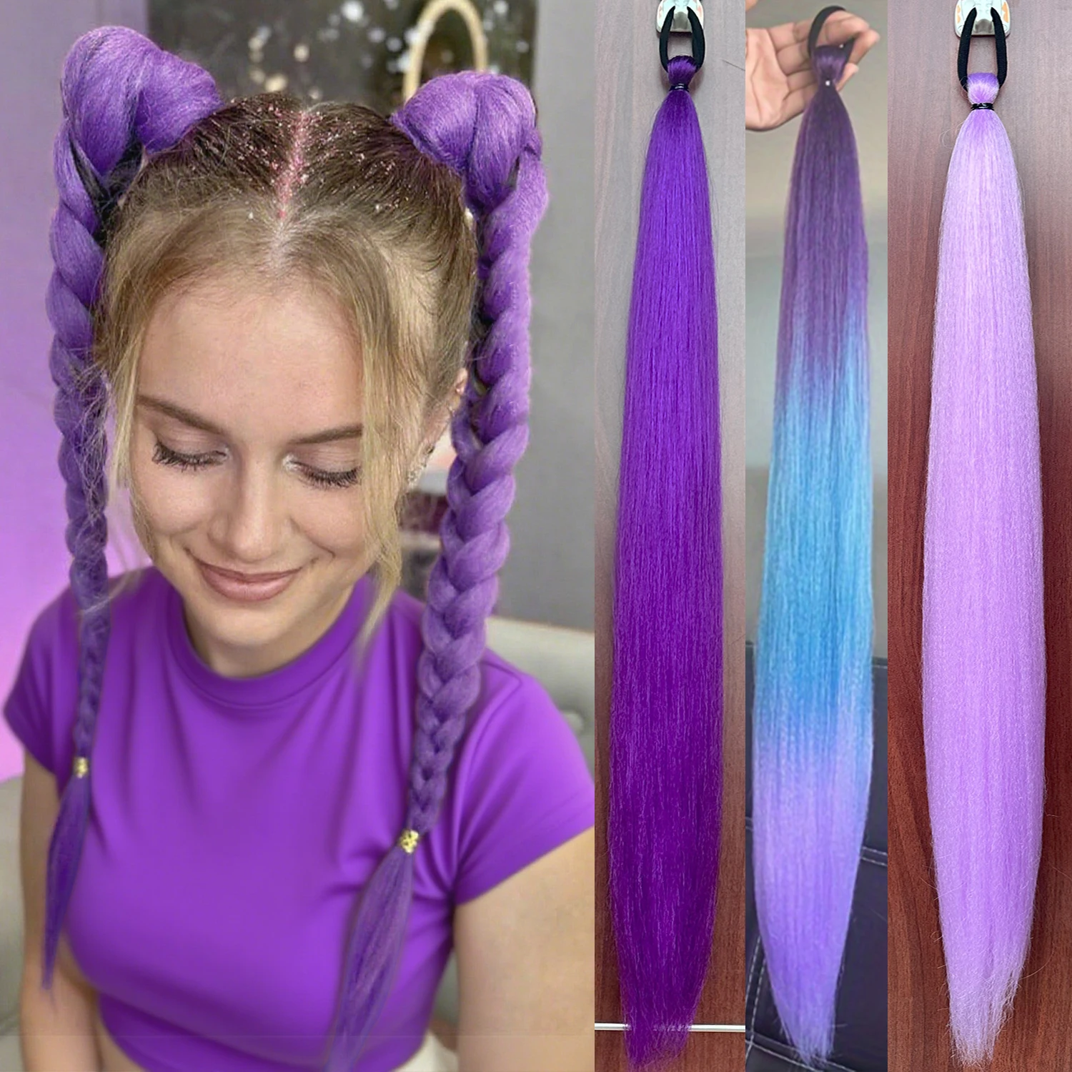 

Synthetic 28Inch Long Straight Ponytail Extensions With Rubber Band DIY Braided Ponytail Purple Hair Accessories for Halloween
