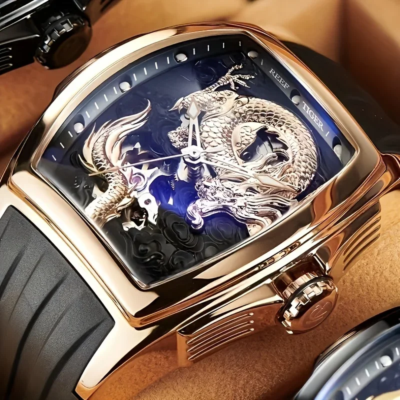 Riff Tiger Herren Luxus Tonneau Skelett Drachen Zifferblatt mechanische Automatik Uhr Automatik