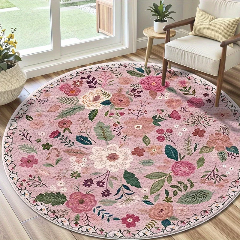 2D Flat,Bohemian Watercolor Floral Round Rug – Pink Garden Blossom Round Mat – Aesthetic Home Decor for Bedroom and Living Room
