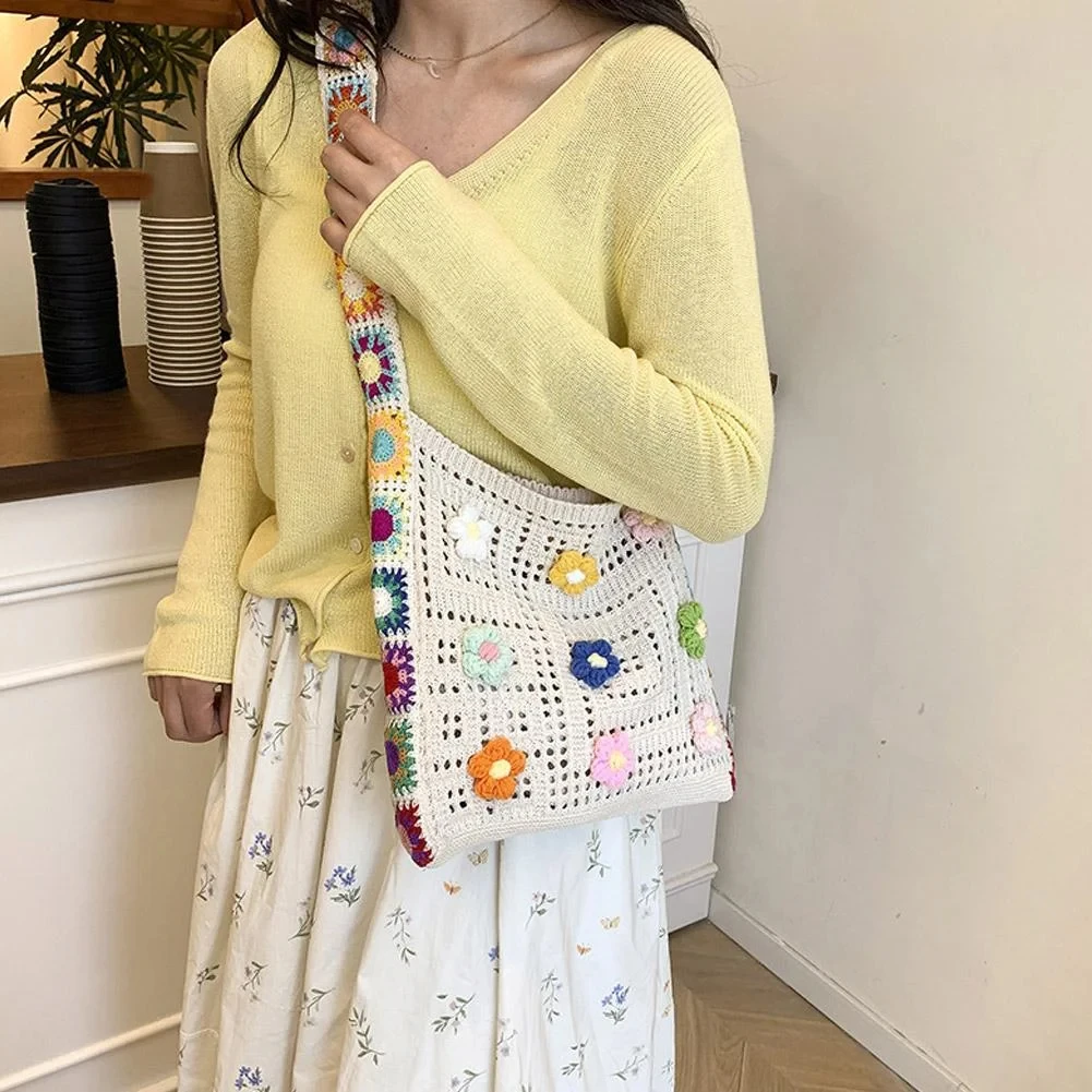Handmade Crochet Tote Bag, Cute Boho Mesh Shoulder Bag for Beach and Market