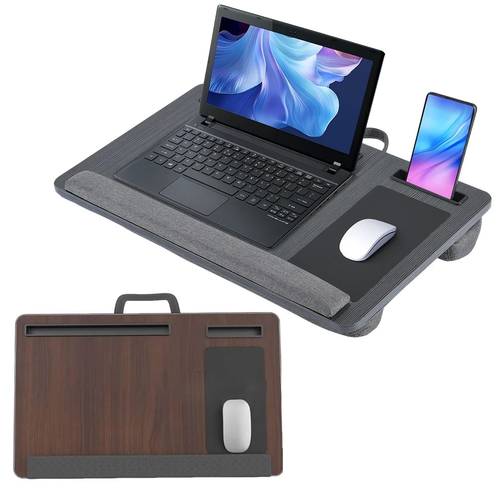 طاولة سرير للكمبيوتر المحمول قابلة للتعديل مع مسند للمعصم وفتحات للهاتف اللوحي وتصميم مريح قابل للطي للقراءة والكتابة