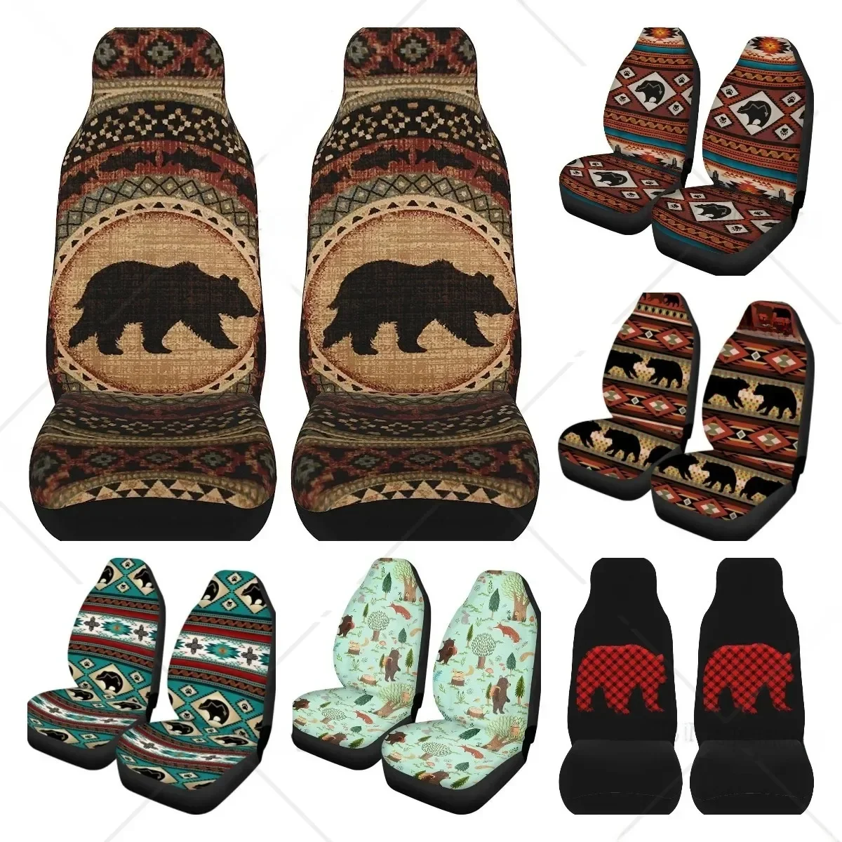 Vintage niedźwiedź brązowy zestaw pokrowców na siedzenia samochodowe 2 Pcs przednie siedzenie akcesoria ochronne do uniwersalnego samochodu SUV ciężarówka Van zestaw pokrowców na siedzenia samochodowe — zdjęcie 2