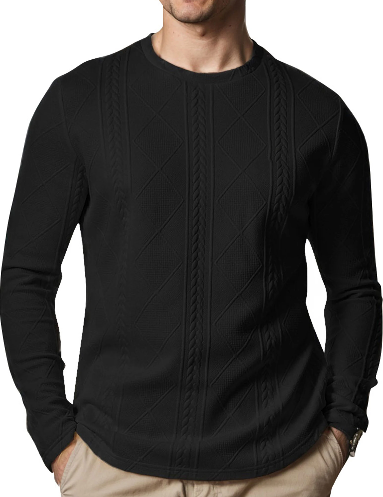 

Men's Crewneck Sweatshirts Solid Color Twist Texture Long Sleeve Casual Pullover Top Fashion Fall Shirt Casual & Layered Looks